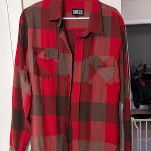 Men's Casual Red and Brown Plaid Shirt
